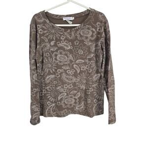 Fresh Produce Cottage Core Long Sleeve Top L Womens Brown Floral Cotton Pullover
